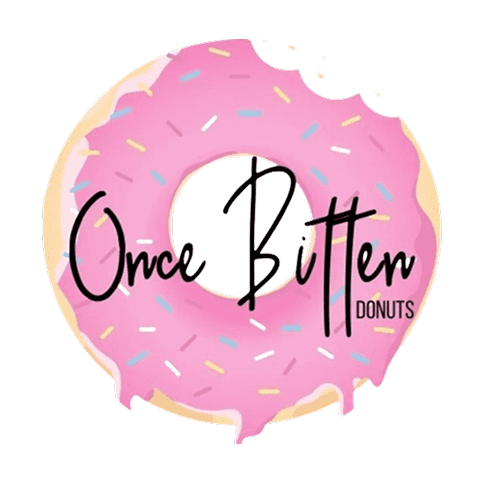 Pink donut logo, "Once Bitten Donuts".
